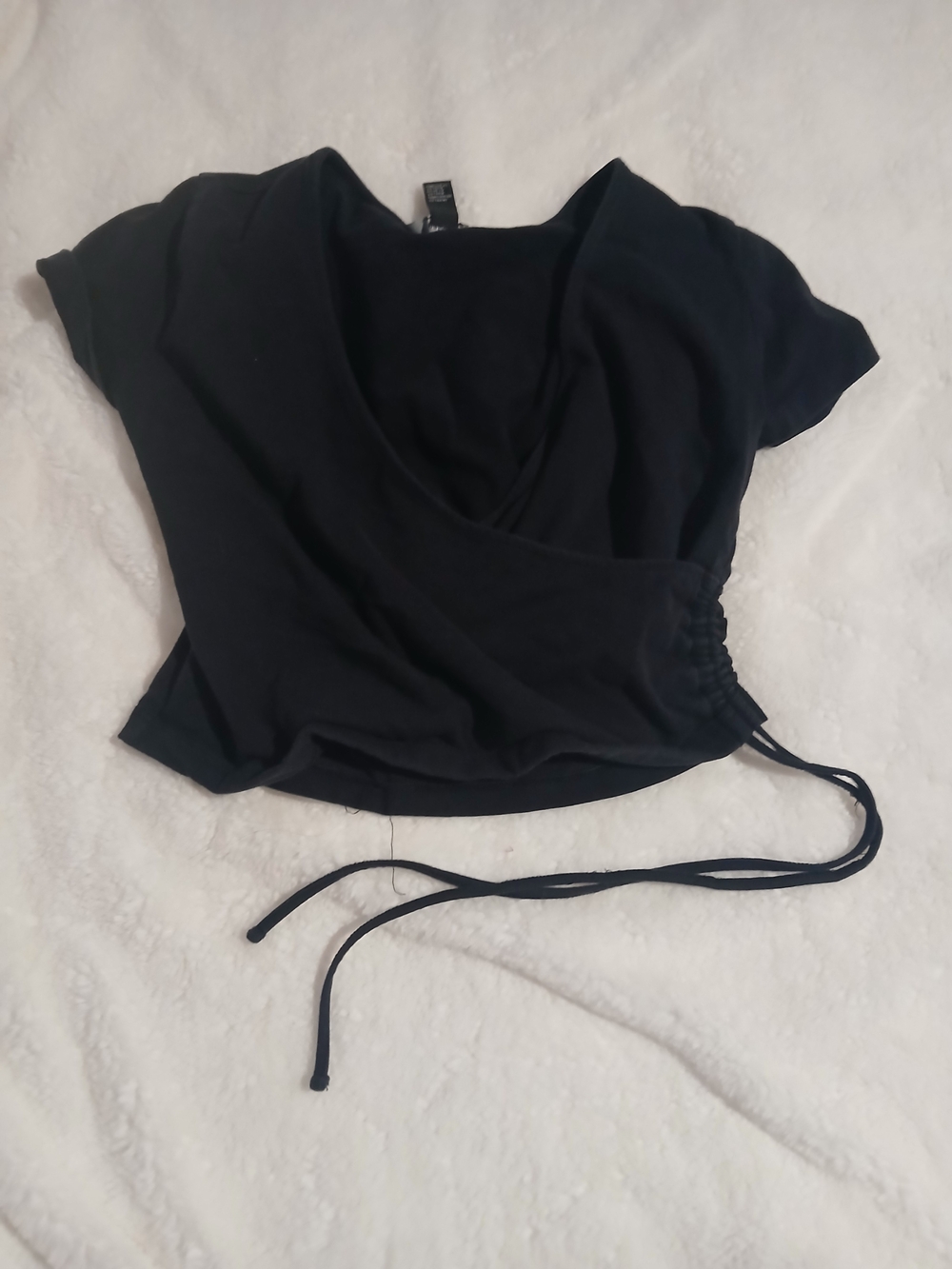 Forever 21 Black Short Sleeve Wrap Crop Top with Side Drawstring